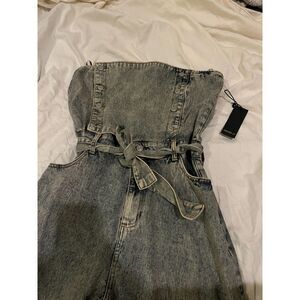 Forever 21 Acid Wash Strapless Denim Wide Leg Jumpsuit NWT